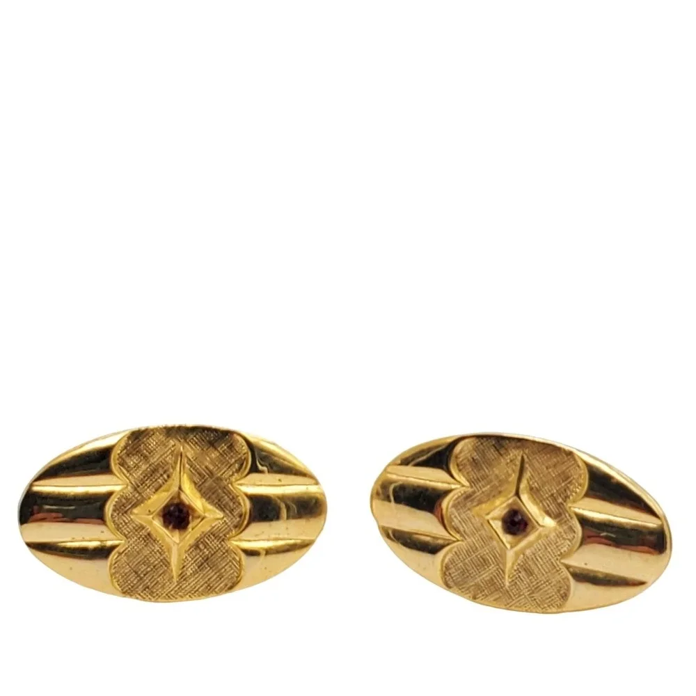 Oval Gold Tone Cufflinks Red Glass Rhinestone Stone MCM Vintage Suit Accessory